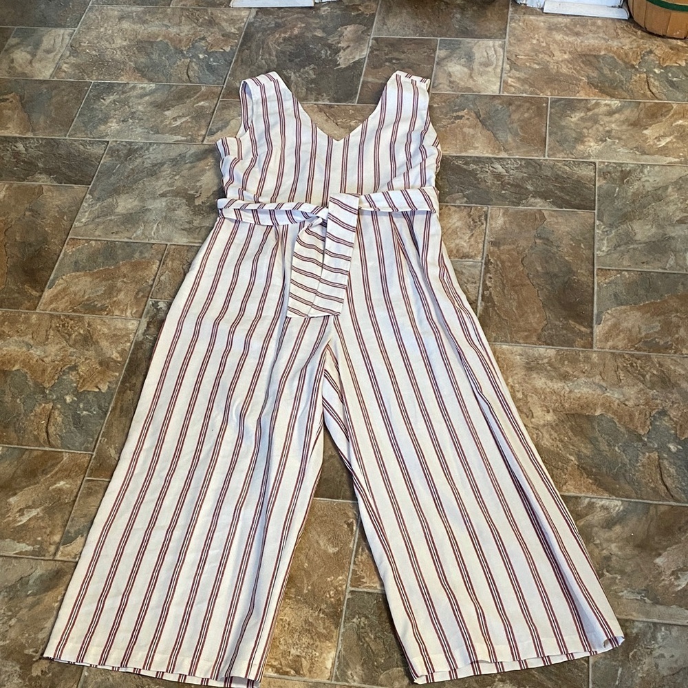 Madison Sz Large Jump Suit Red White Striped Wrap Around Tie Front with Pockets